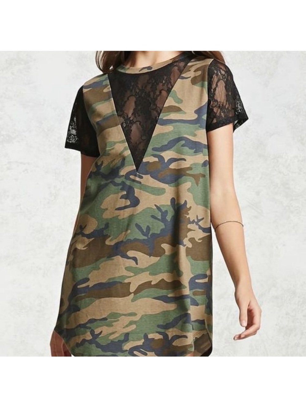 Forever 21 Camo V-Neck Lace Insert Mini Dress/ Tunic - L